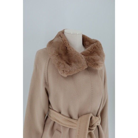 Max Mara Studio Women Size 6 Wool Tan  Fur Collar Lined Angora Trench Coat - Picture 4 of 11